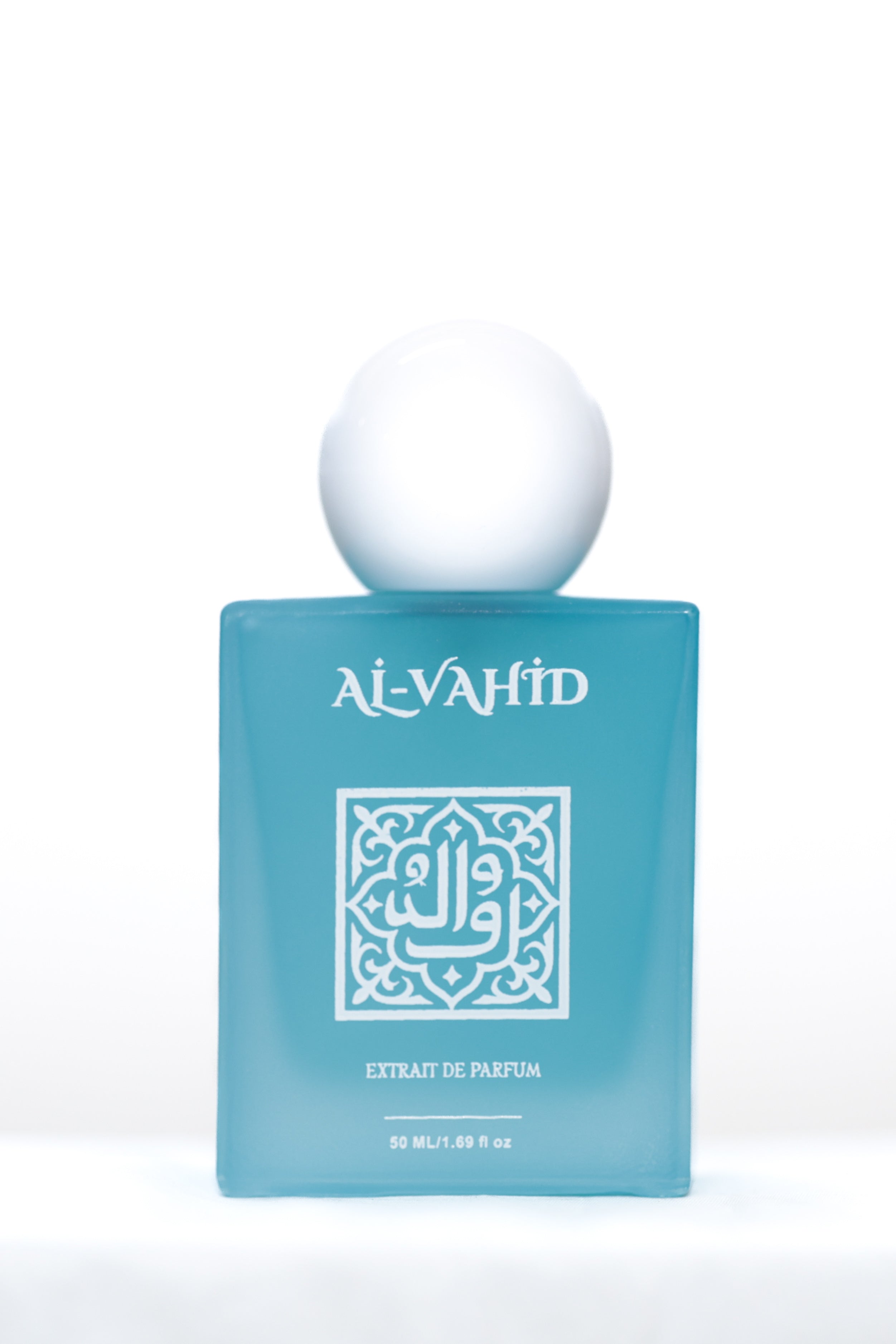 Light blue perfume bottle labeled 'Al-Vahid' on a white background