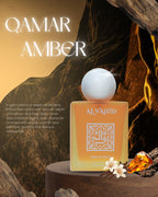 Al'Vajhid Qamar Amber perfume bottle on a dark background with text about the fragrance.